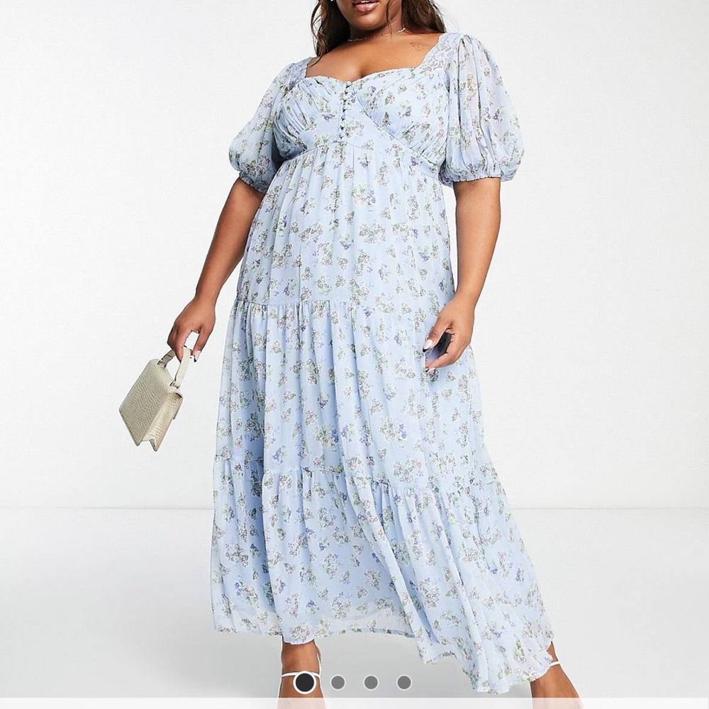ASOS Design Curve Midi Tea Dress in Blue Ditsy Floral, NWT, US 16